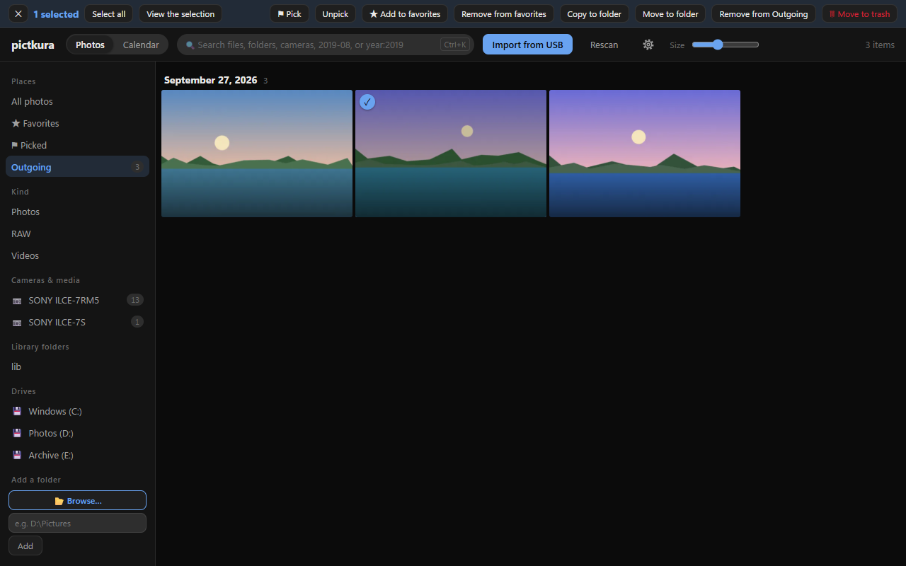 The Outgoing list on the left, one photo selected, with Remove from Outgoing in the selection bar